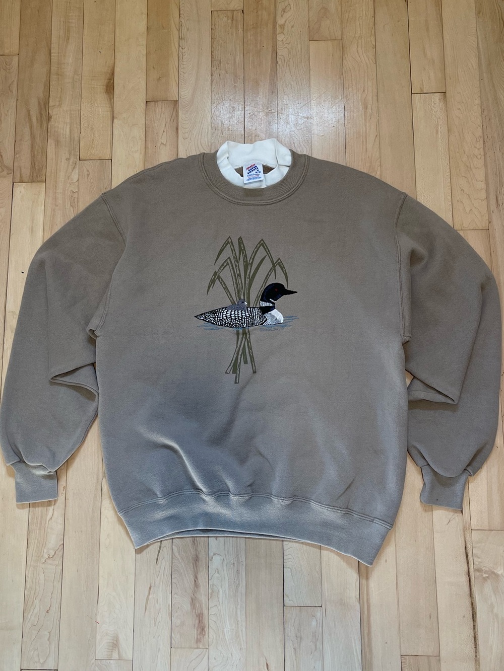 90s Jerzees Tan Crewneck Sweatshirt with Duck Embroidery